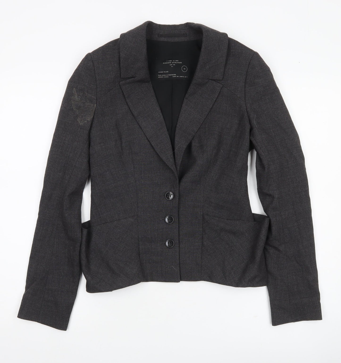 AllSaints Womens Grey Wool Blend Blazer Jacket Size 10 Slim Fit