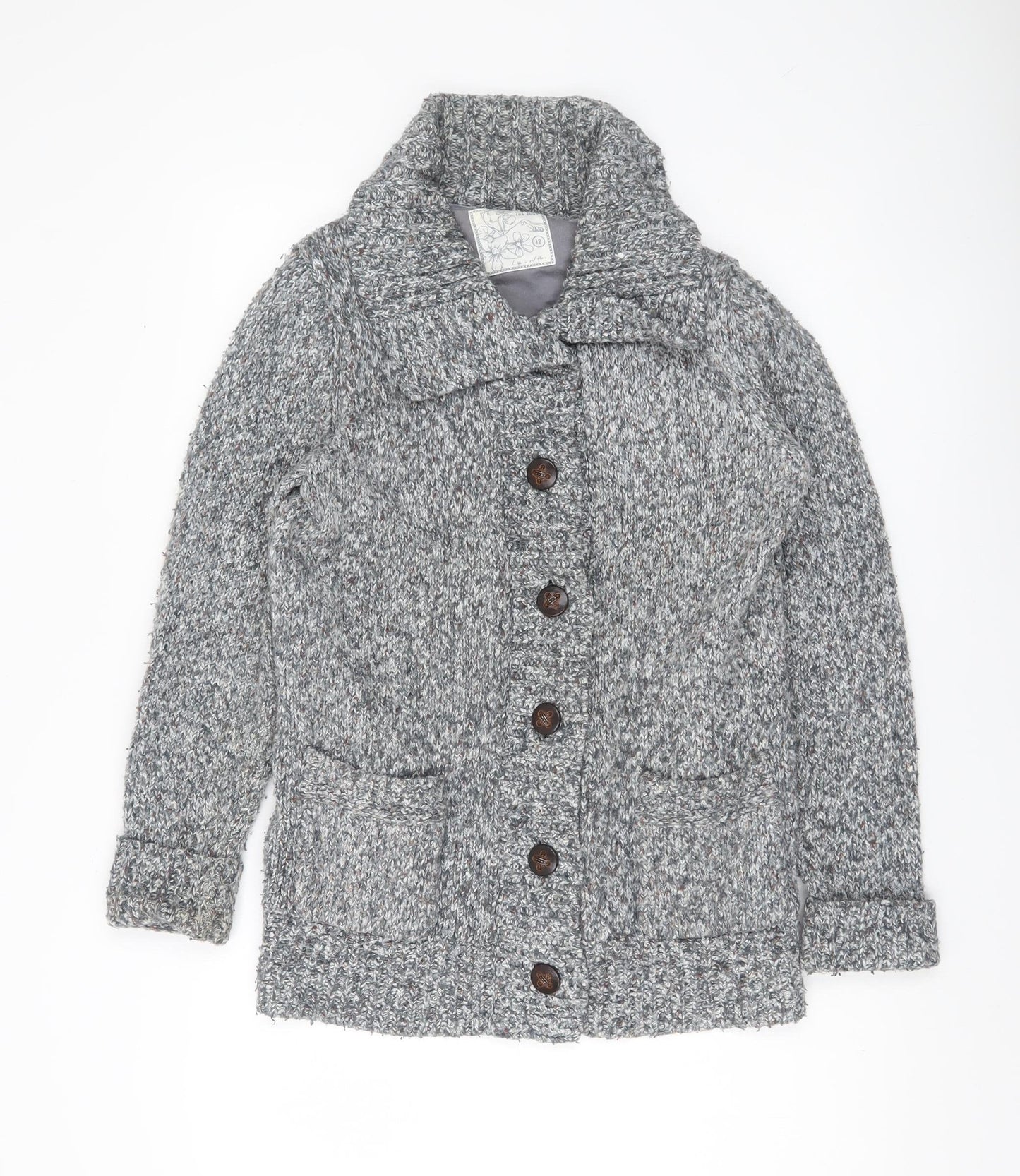 Fat Face Women’s Grey Chunky Knit Collared Cardigan Size 12