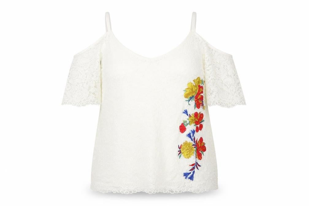 Front view of Soon women’s white lace floral embroidered cold shoulder blouse, size UK 18