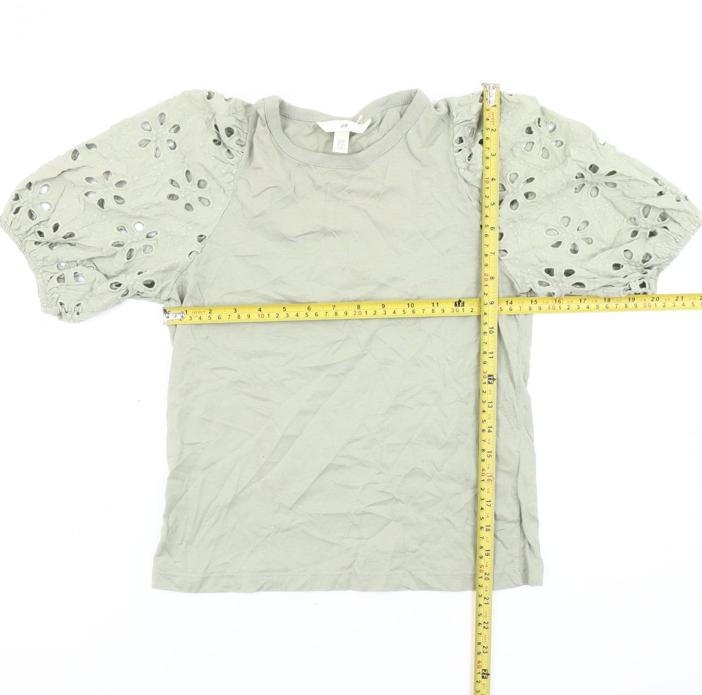 H&M Women Green XS Cotton Puff Sleeve Floral Blouse
