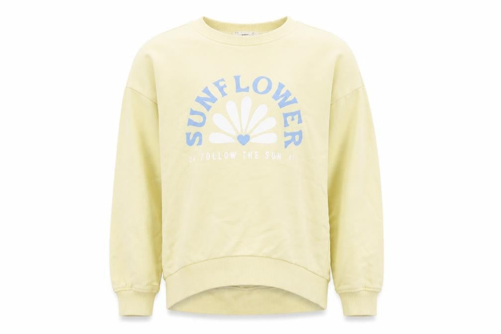 Front view of Mango girls’ beige sunflower sweatshirt 9-10y crew neck graphic print
