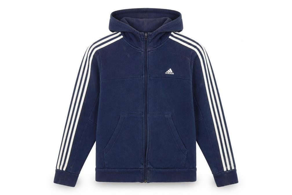 Front view of Adidas boys’ blue full zip hoodie sweatshirt 13-14 years logo long sleeve