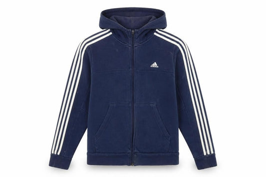 Front view of Adidas boys’ blue full zip hoodie sweatshirt 13-14 years logo long sleeve