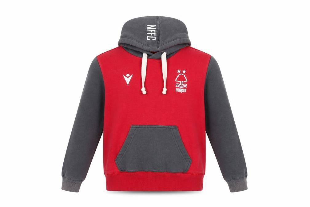 Front view of Macron boys’ red grey nffc pullover hoodie xs football sweatshirt