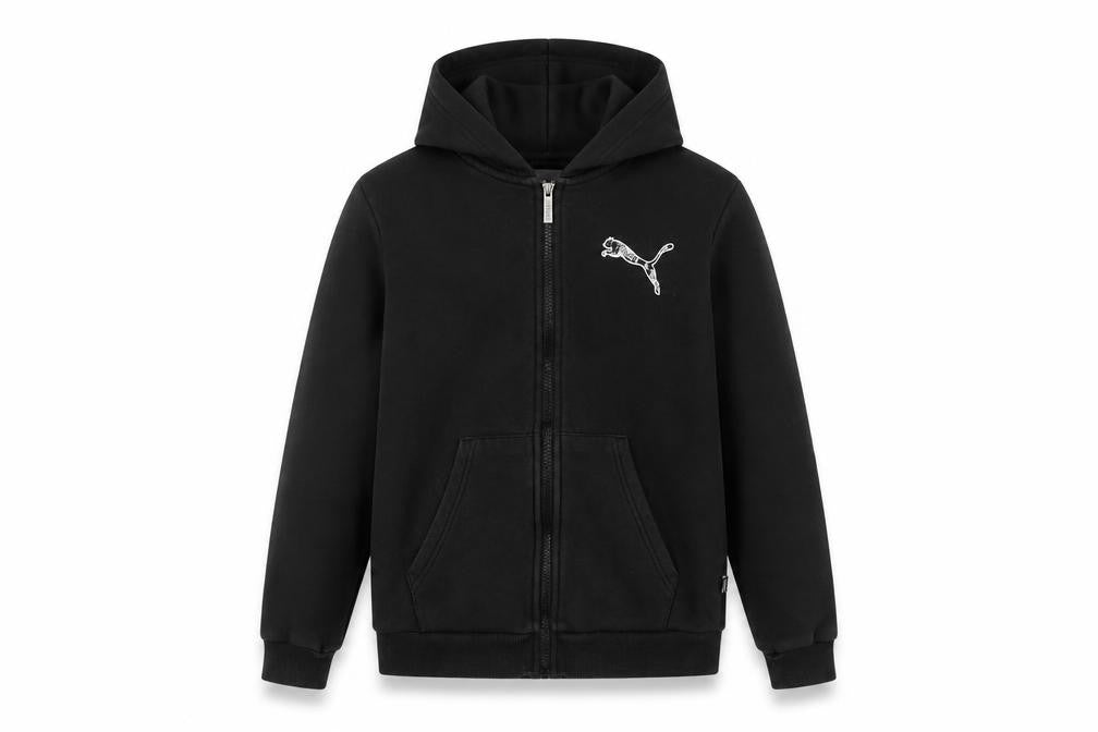 Front view of Puma boys’ black full zip hoodie 14y fleece logo sportswear