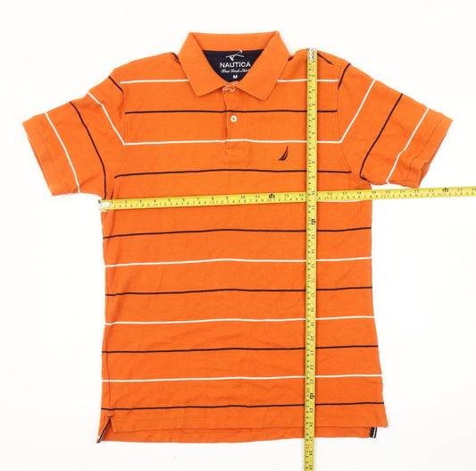 Nautica Men’s Orange Striped Polo Shirt M Cotton Short Sleeve
