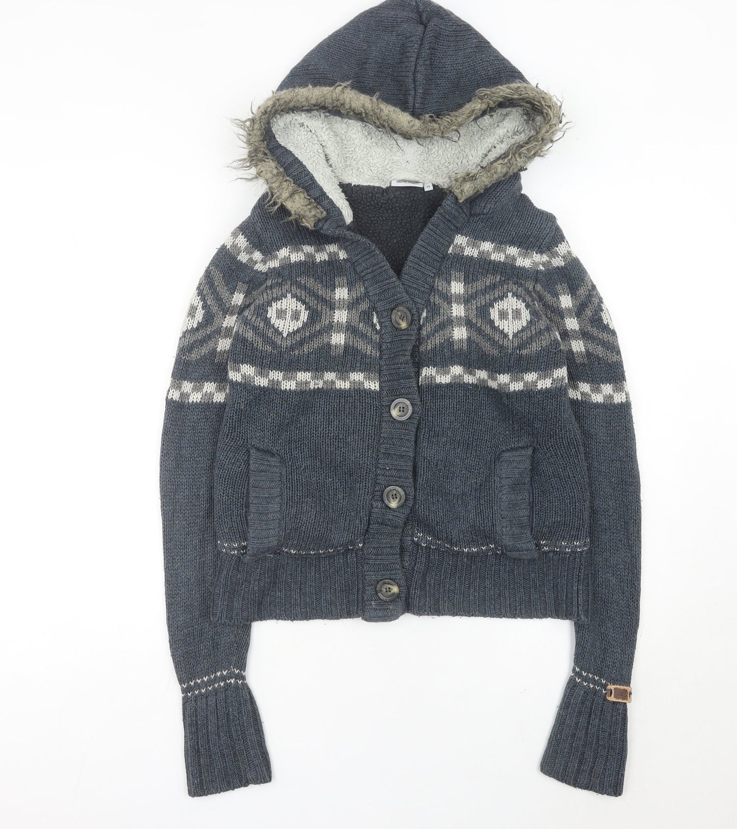 Animal Womens Grey Hooded Cardigan Size 10 Fair Isle Knit Wool Blend