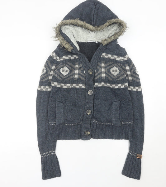 Animal Womens Grey Hooded Cardigan Size 10 Fair Isle Knit Wool Blend