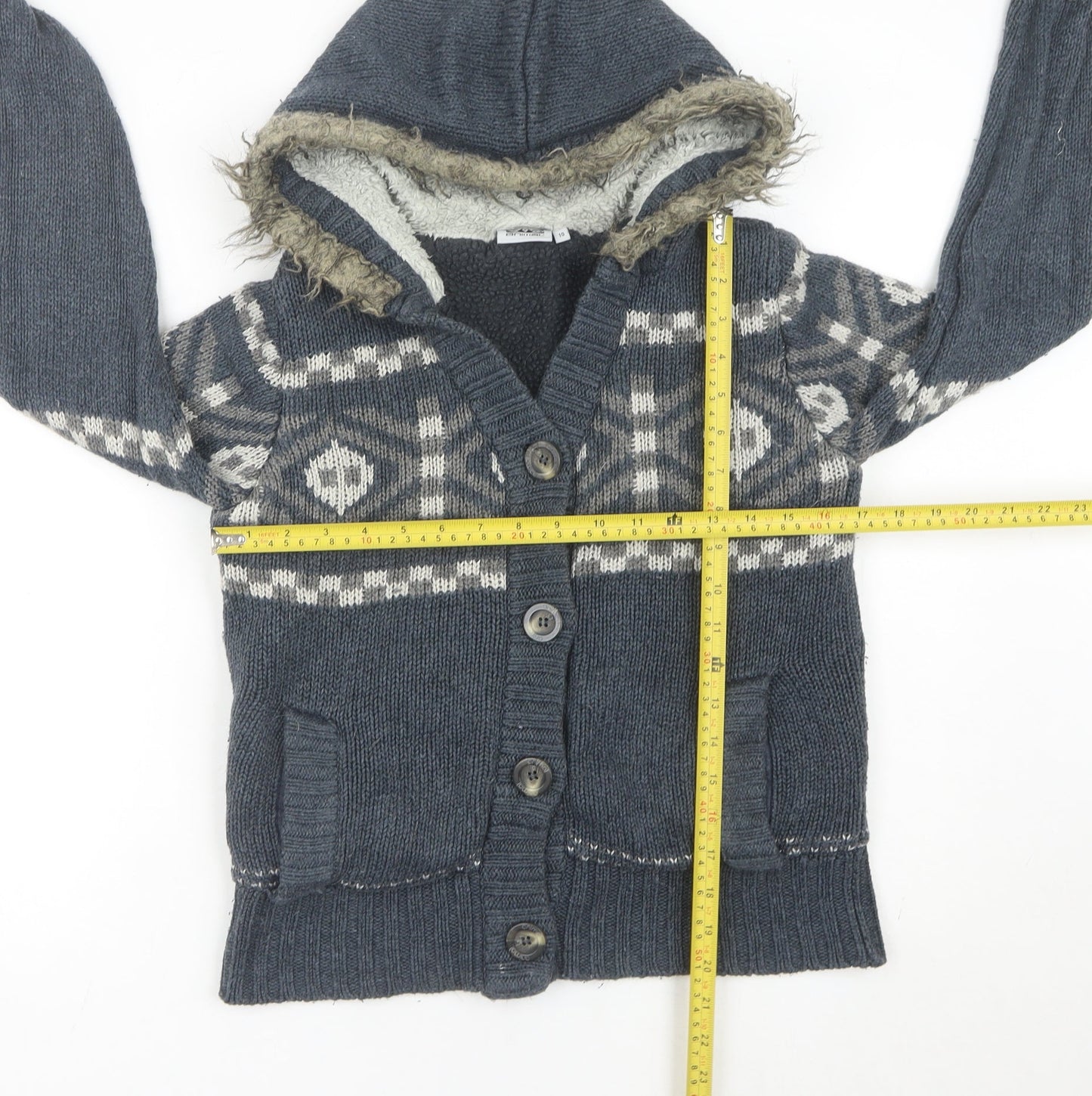 Animal Womens Grey Hooded Cardigan Size 10 Fair Isle Knit Wool Blend