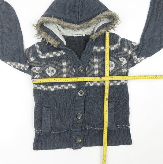 Animal Womens Grey Hooded Cardigan Size 10 Fair Isle Knit Wool Blend