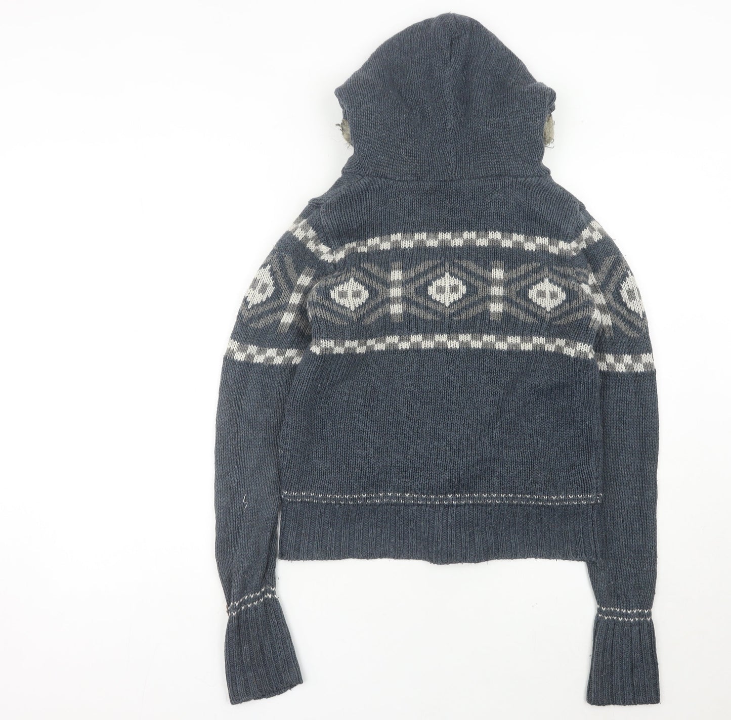 Animal Womens Grey Hooded Cardigan Size 10 Fair Isle Knit Wool Blend