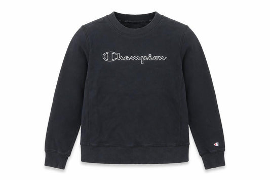 Front view of Champion boys’ black medium pullover sweatshirt crew neck logo graphic