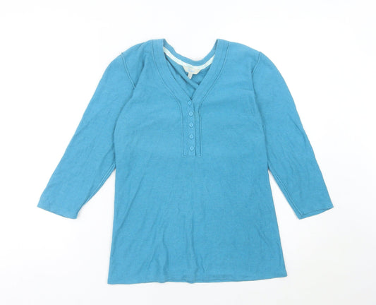 Fat Face Womens Blue Cotton Henley Jumper Size 12 V-Neck 3/4 Sleeve