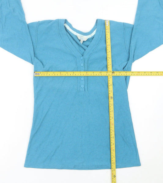 Fat Face Womens Blue Cotton Henley Jumper Size 12 V-Neck 3/4 Sleeve