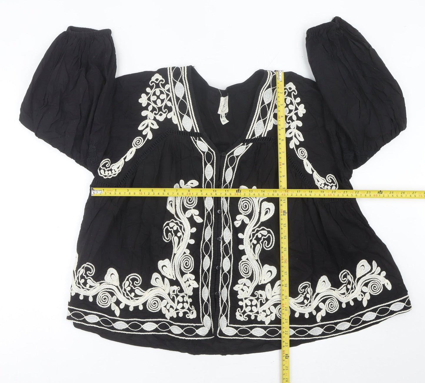 River Island Women’s Black Embroidered Boho Blouse Size 14 V-Neck