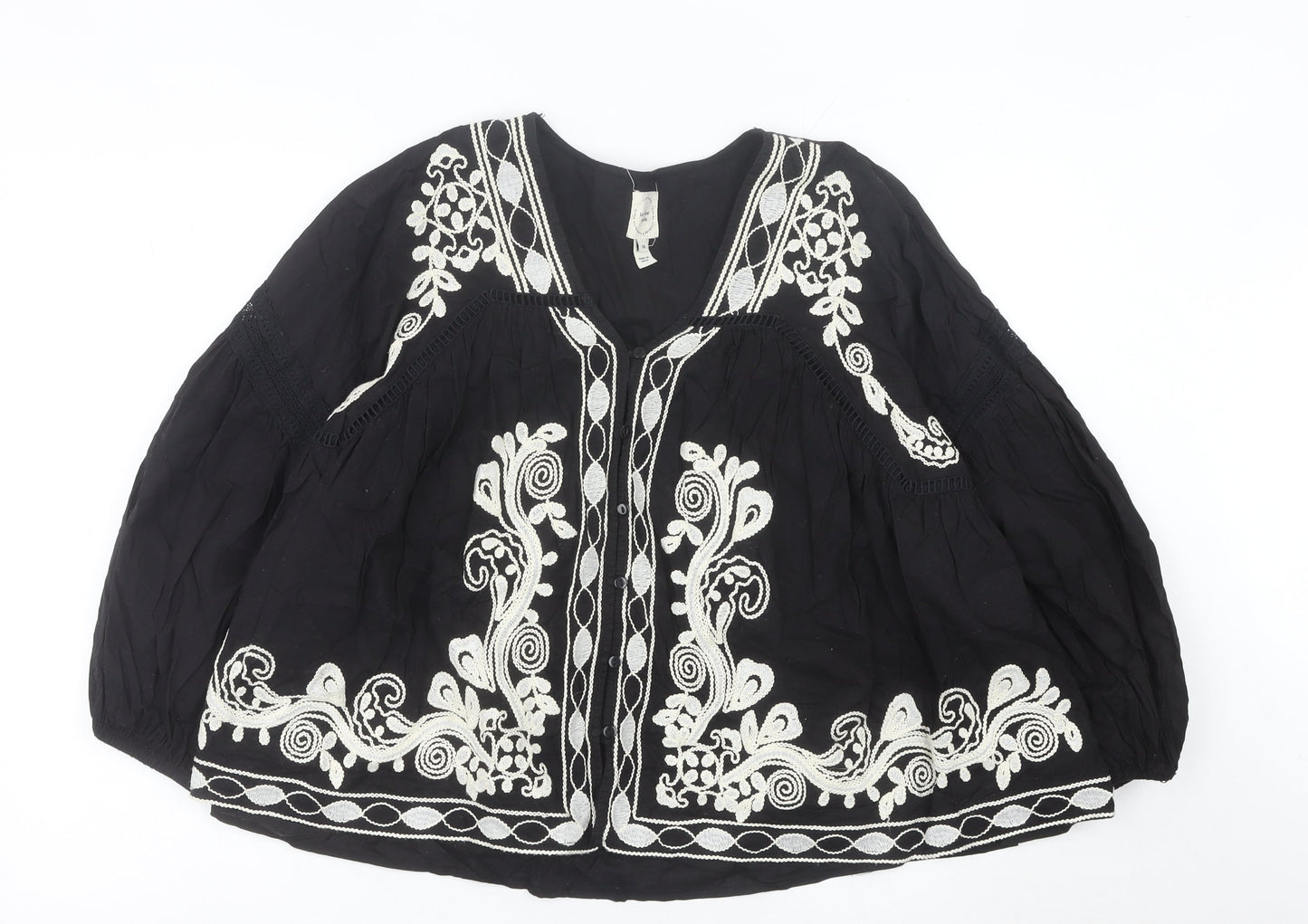 River Island Women’s Black Embroidered Boho Blouse Size 14 V-Neck