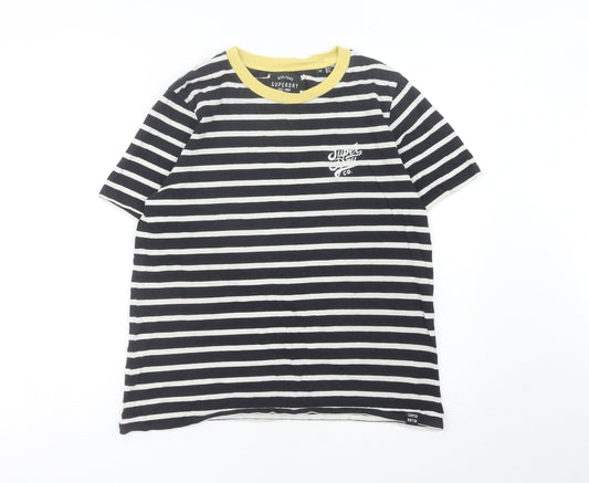 Superdry Womens Black Striped Cotton T-Shirt UK 10 Crew Neck
