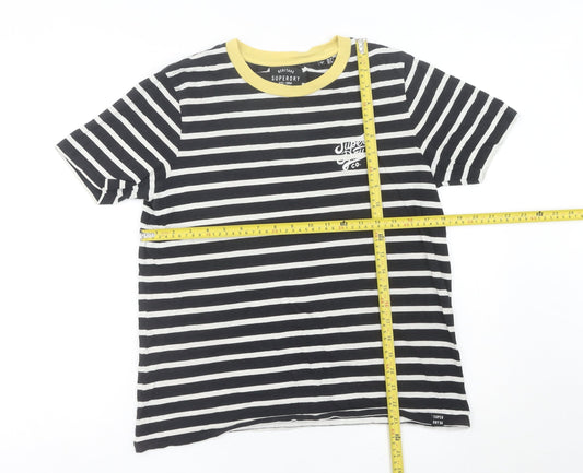 Superdry Womens Black Striped Cotton T-Shirt UK 10 Crew Neck
