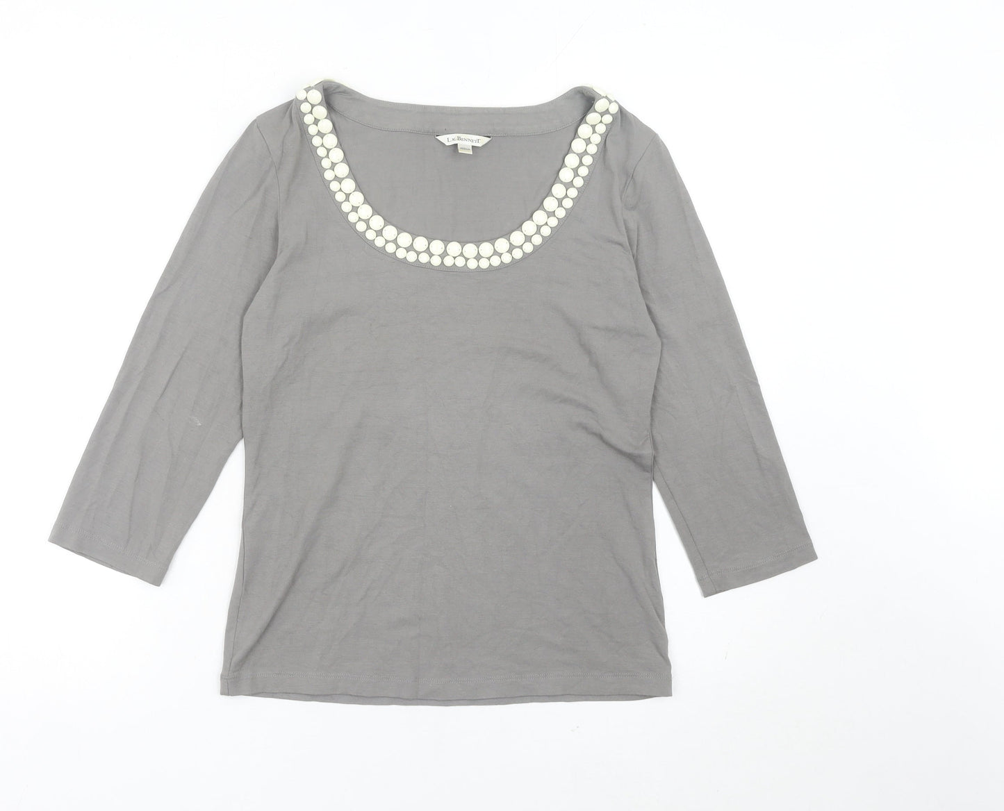 L.K. Bennett Womens Grey Scoop Neck Beaded 3/4 Sleeve Top Size M