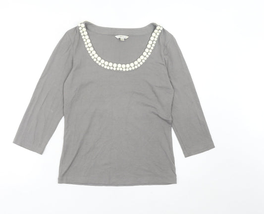 L.K. Bennett Womens Grey Scoop Neck Beaded 3/4 Sleeve Top Size M