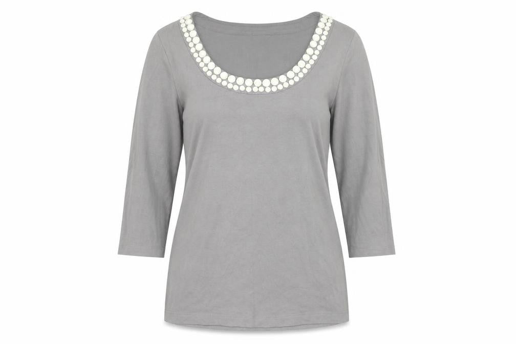 Front view of L.K. Bennett women’s grey scoop neck beaded 3/4 sleeve top, size M