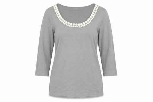 Front view of L.K. Bennett women’s grey scoop neck beaded 3/4 sleeve top, size M