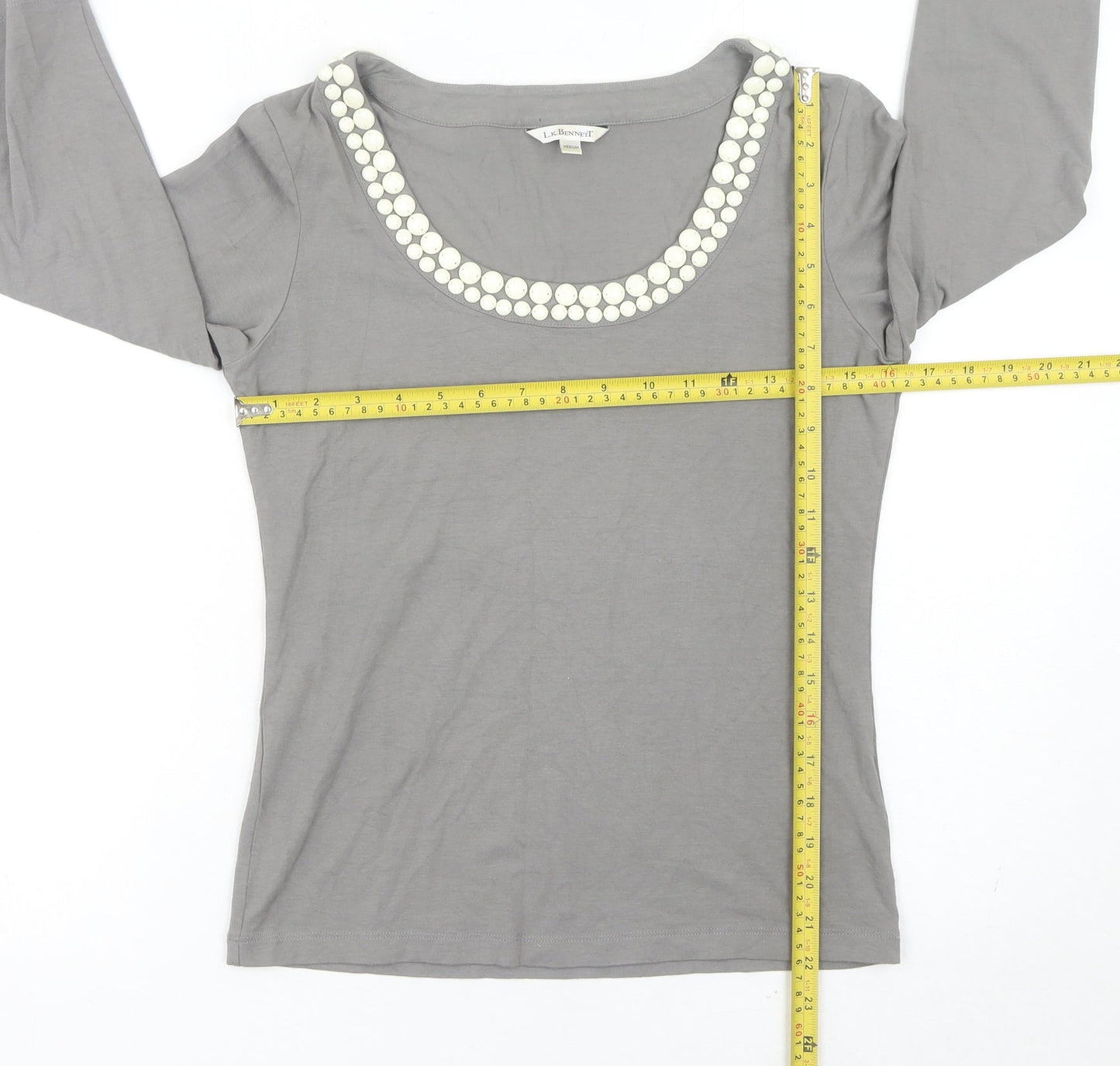 L.K. Bennett Womens Grey Scoop Neck Beaded 3/4 Sleeve Top Size M