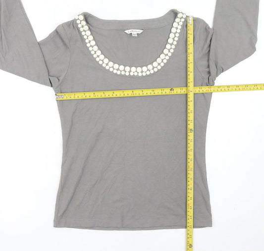 L.K. Bennett Womens Grey Scoop Neck Beaded 3/4 Sleeve Top Size M