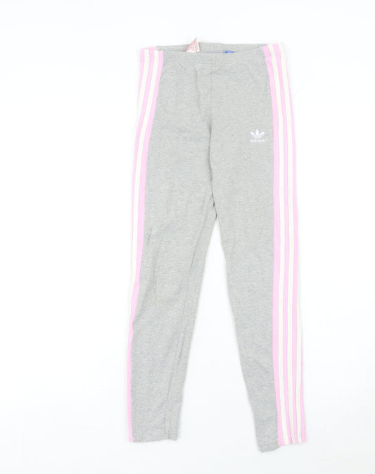 Adidas Girls Grey Pink Stripe Ankle Leggings 12-13 Years Cotton Stretch