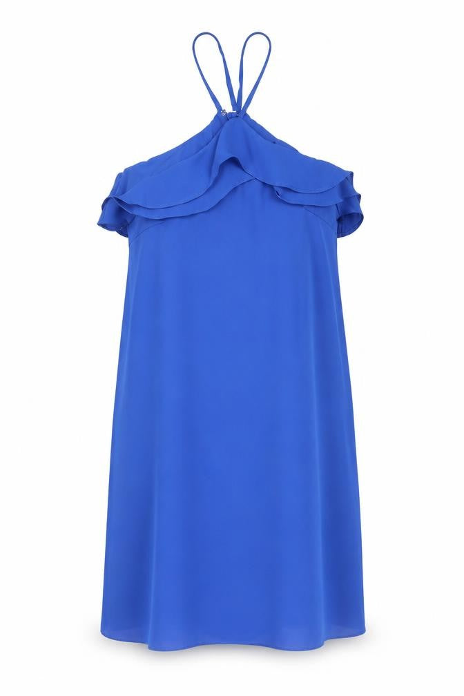 Front view of Miss Selfridge Women’s Blue, size UK 8, Halter Slip Dress Ruffle Detail