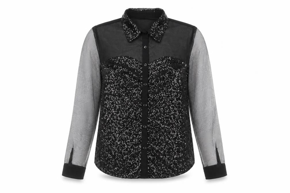 Boohoo Womens Black Sequin Sheer Long Sleeve Button-Up Blouse Size 8