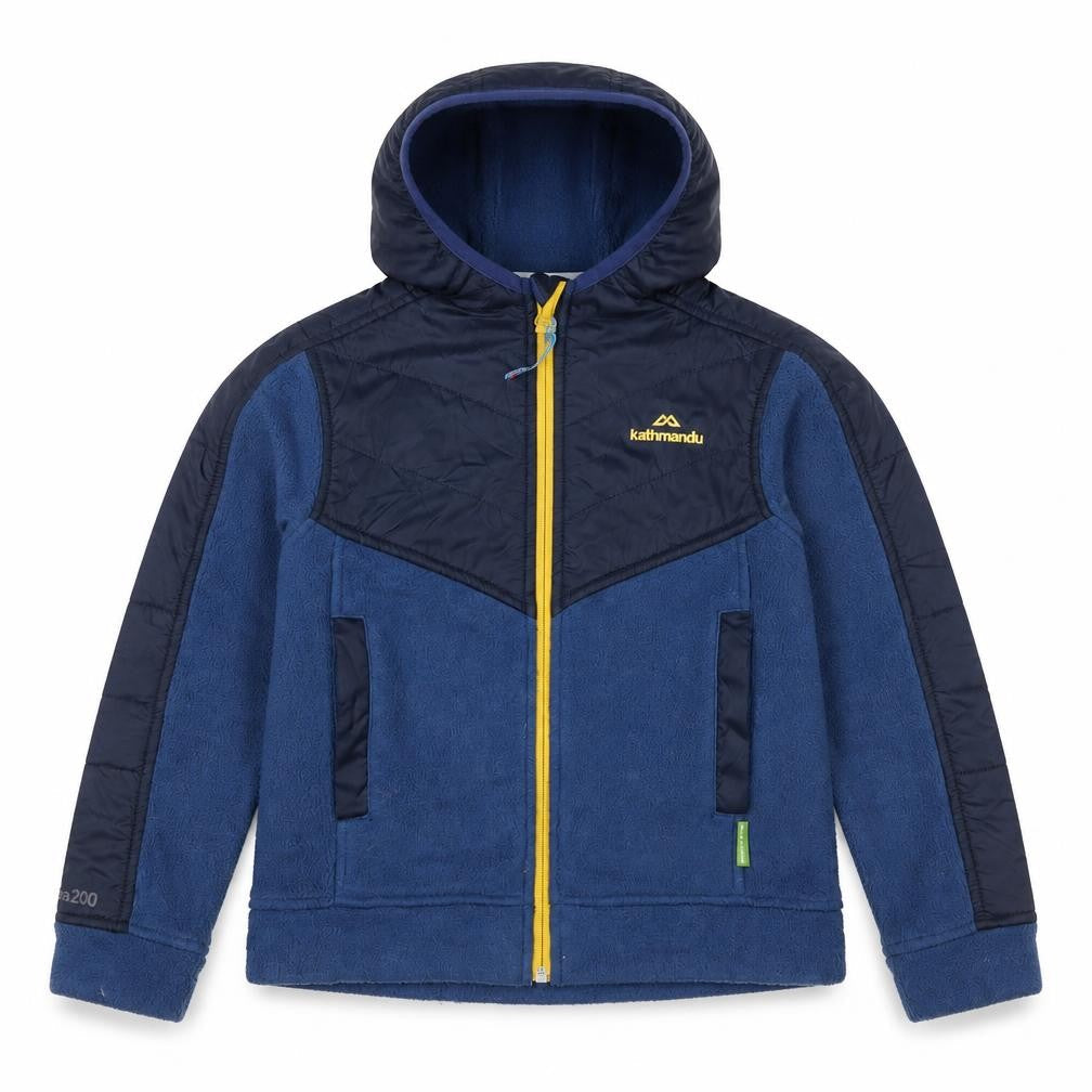 Front view of Kathmandu boys’ blue hooded full zip fleece jacket 6 years outdoor