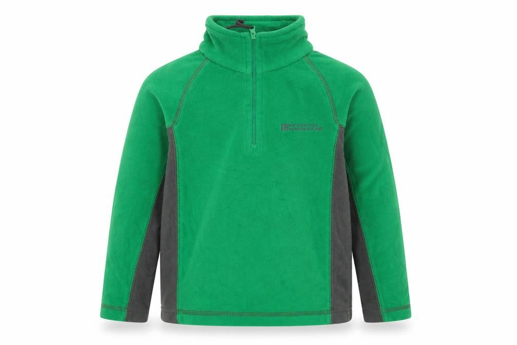 Front view of Mountain Warehouse boys’ green fleece sweatshirt 5-6y 1/4 zip outdoor top