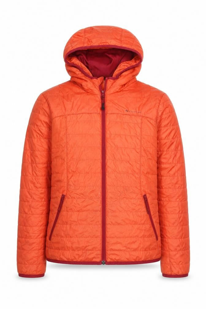 Front view of Decathlon boys’ orange hooded puffer jacket 14 years full zip outdoor coat