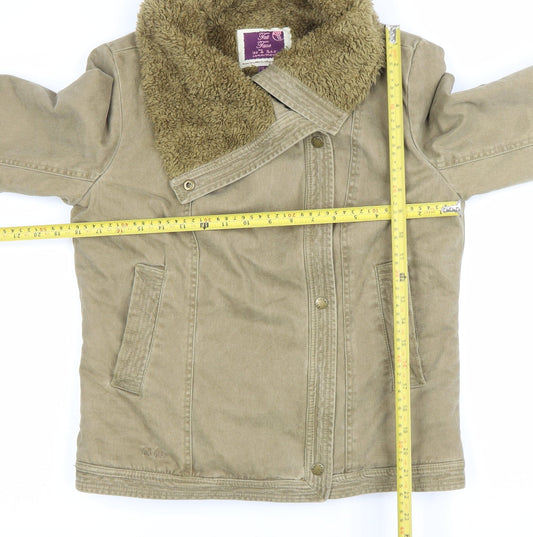 Fat Face Womens Beige Size 12 Canvas Jacket with Faux Fur Lining