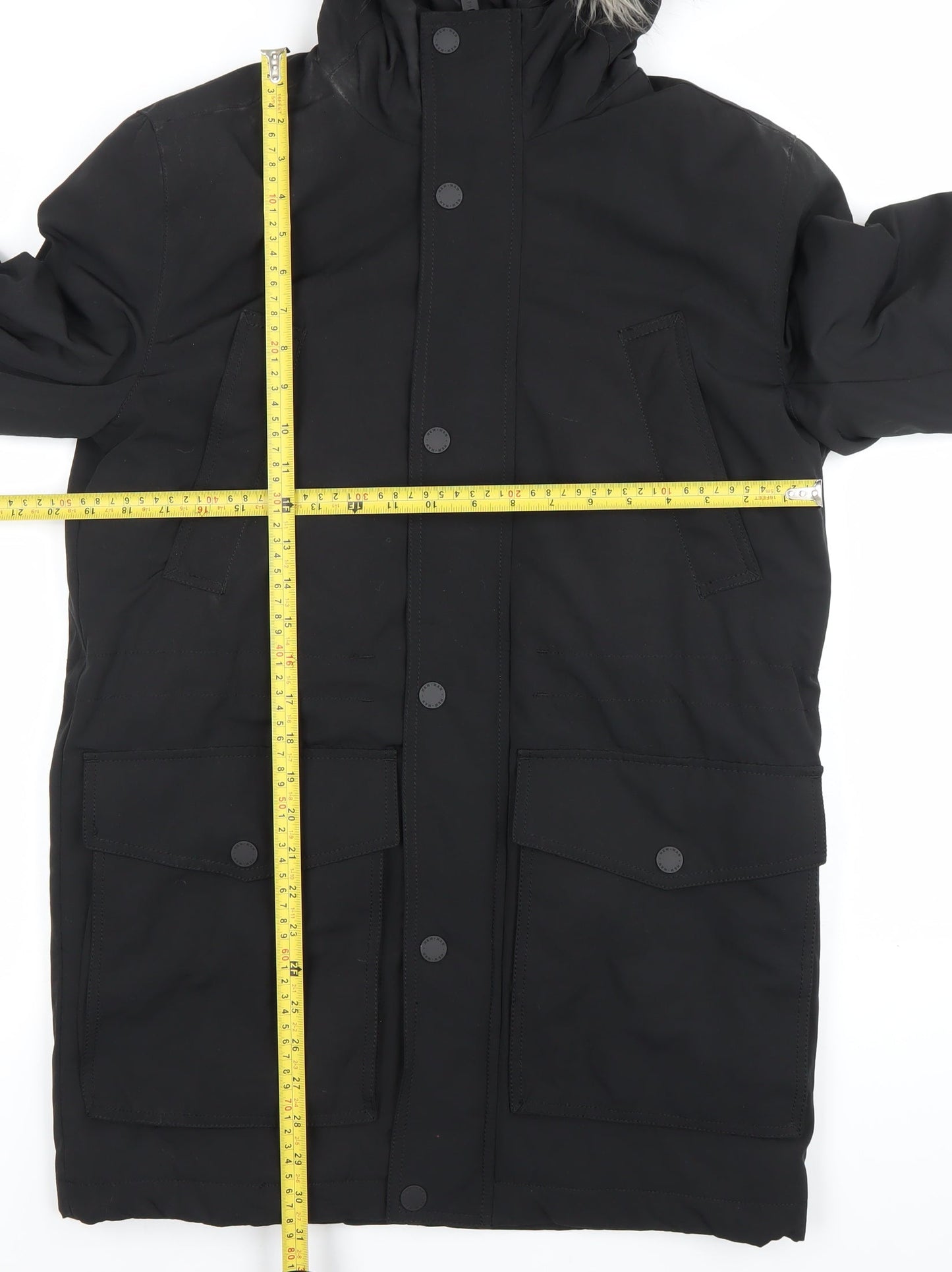 H&M Womens Black XS Parka Coat Faux Fur Hood Winter Jacket