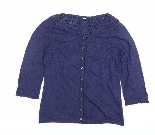 Weird Fish Women’s Blue Cardigan Size 10 Scoop Neck 3/4 Sleeve Knit