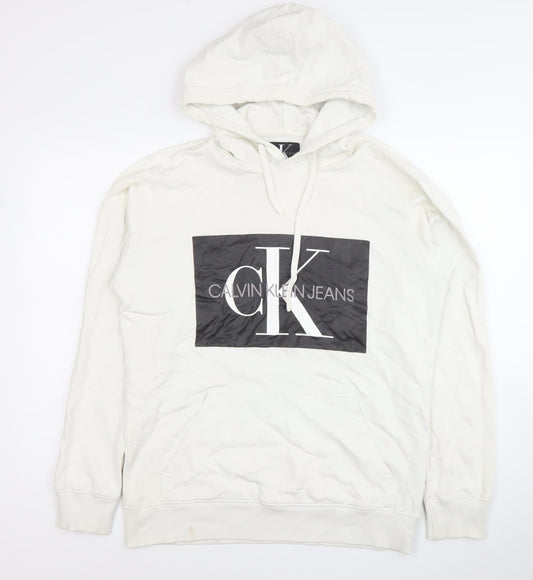 Calvin Klein Jeans Mens White L Pullover Hoodie Logo Cotton