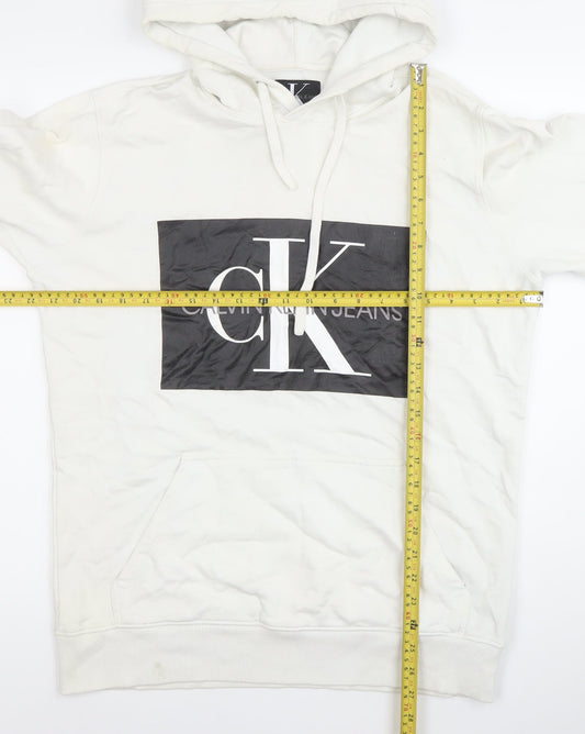 Calvin Klein Jeans Mens White L Pullover Hoodie Logo Cotton