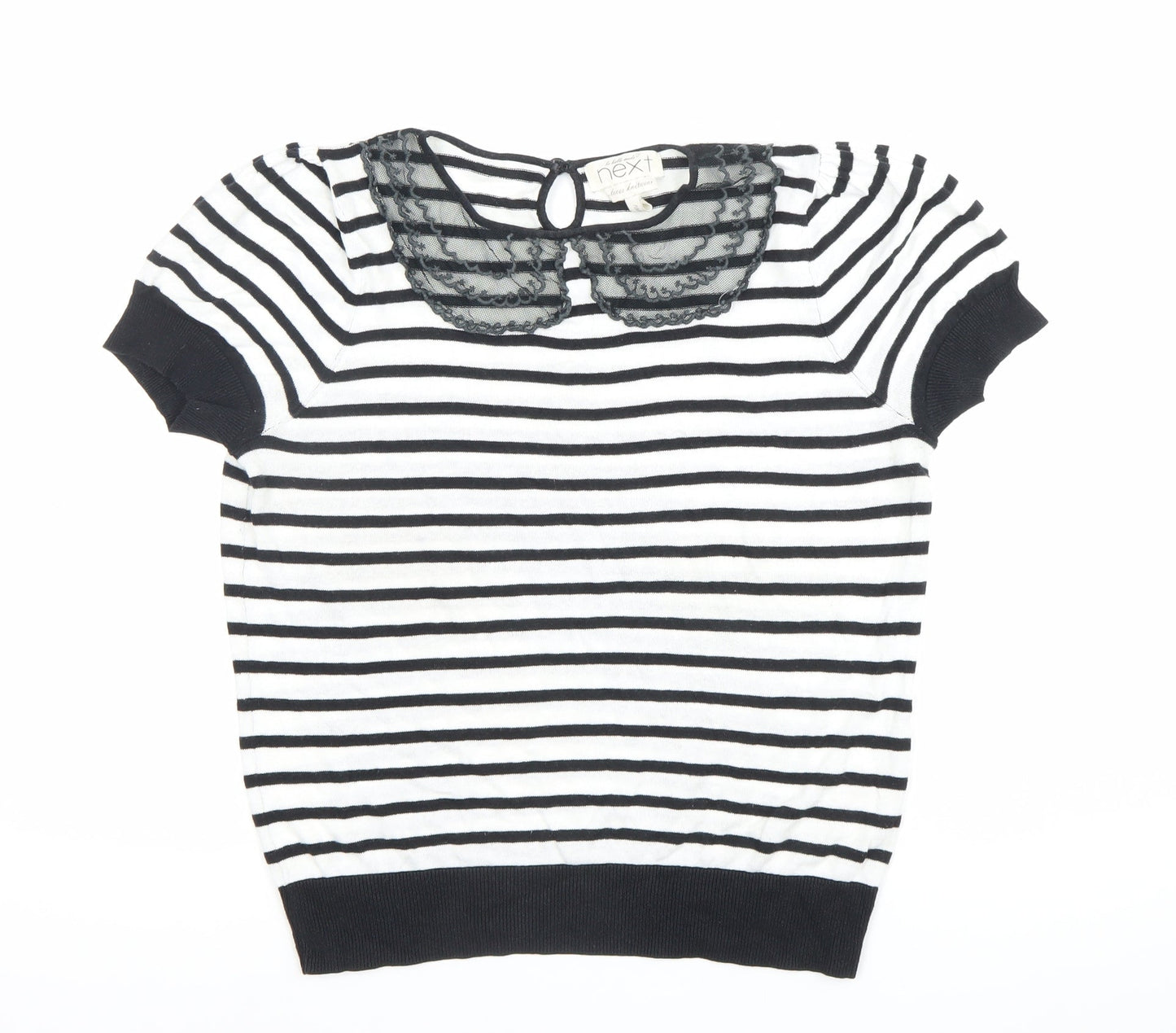 Next Women Black White Striped Cotton Blouse Size 12 Short Sleeve