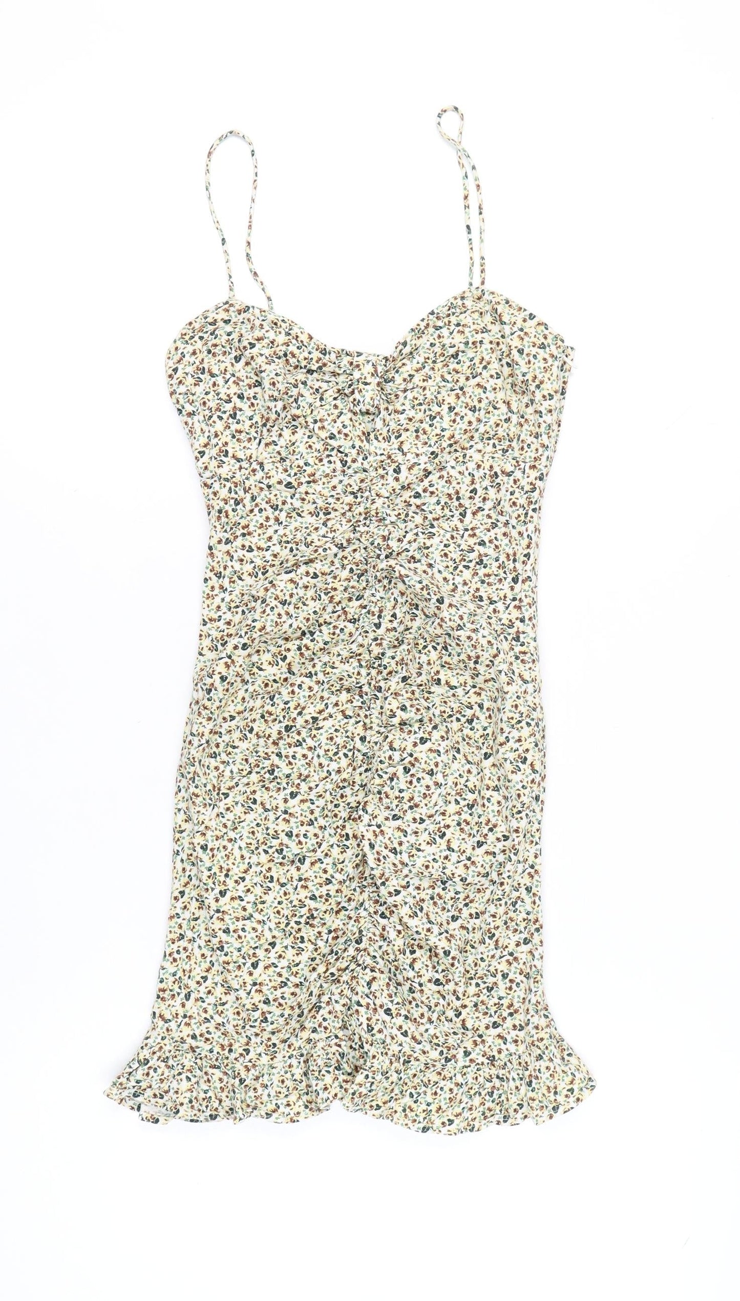 Zara Womens Multicoloured Floral Slip Dress Size 8 Ruched Ruffle Hem