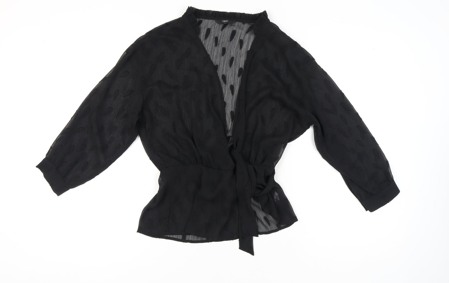 Next Women Black Wrap Chiffon Blouse Size 8 V-Neck 3/4 Sleeve