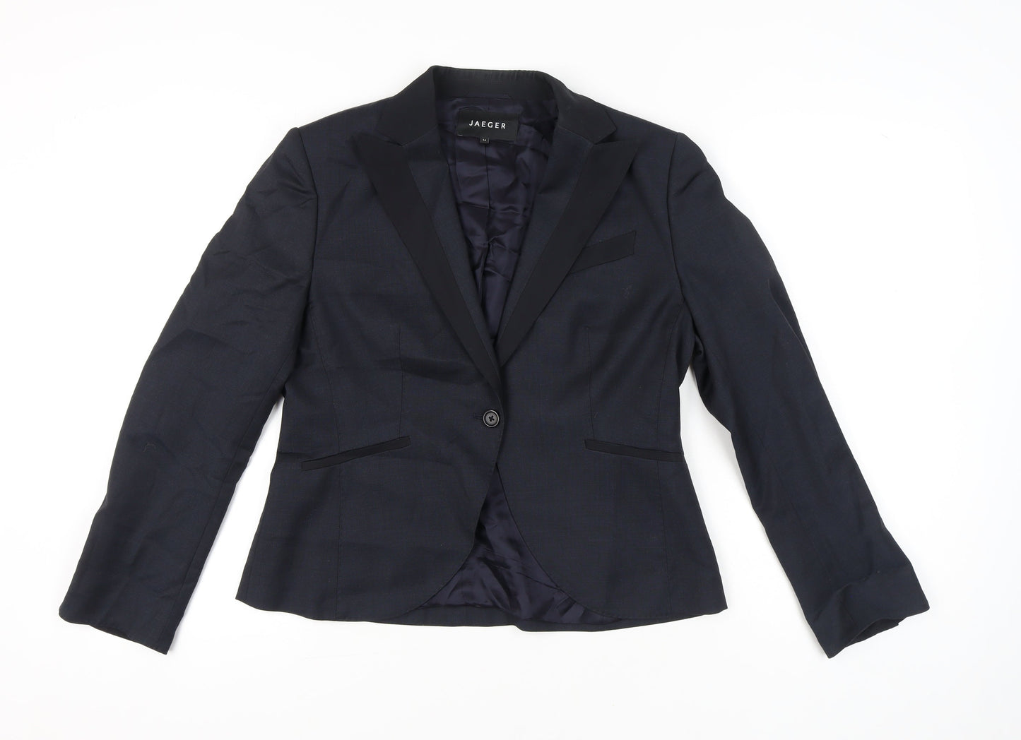 Jaeger Women Black Wool Suit Jacket UK 14 Tailored Formal Blazer