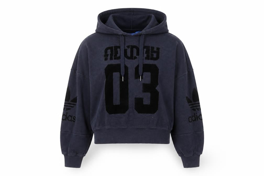 Front view of Adidas women’s blue cotton pullover hoodie, size UK 10, long sleeve