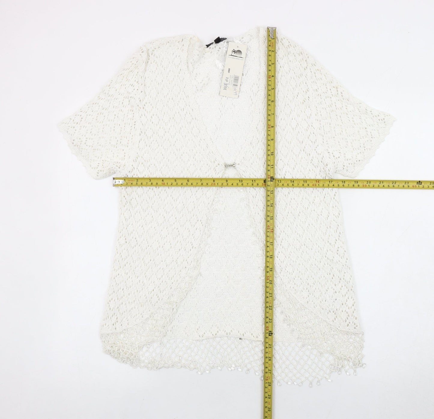 Al Paradise Women White L Open-Knit Beaded Short Sleeve Cardigan