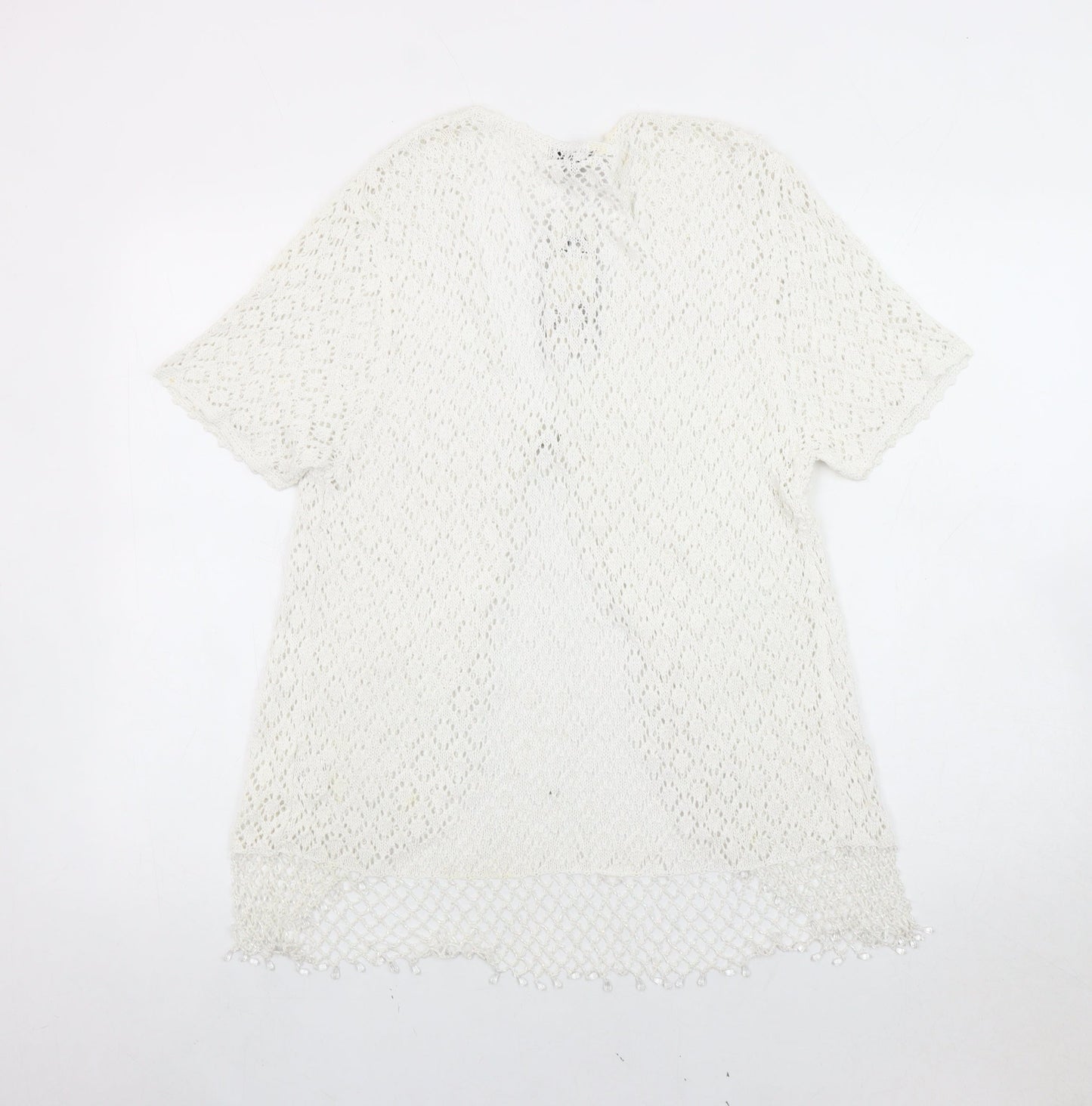 Al Paradise Women White L Open-Knit Beaded Short Sleeve Cardigan