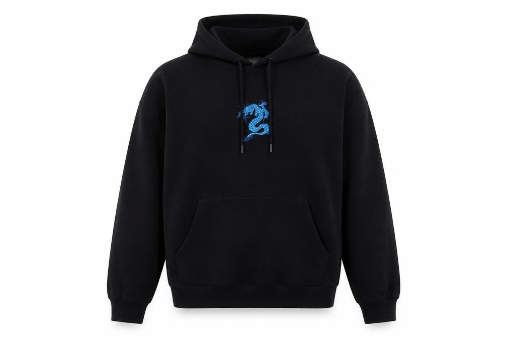 Monki Mens Black Hoodie M Pullover Embroidered Dragon Cotton Blend