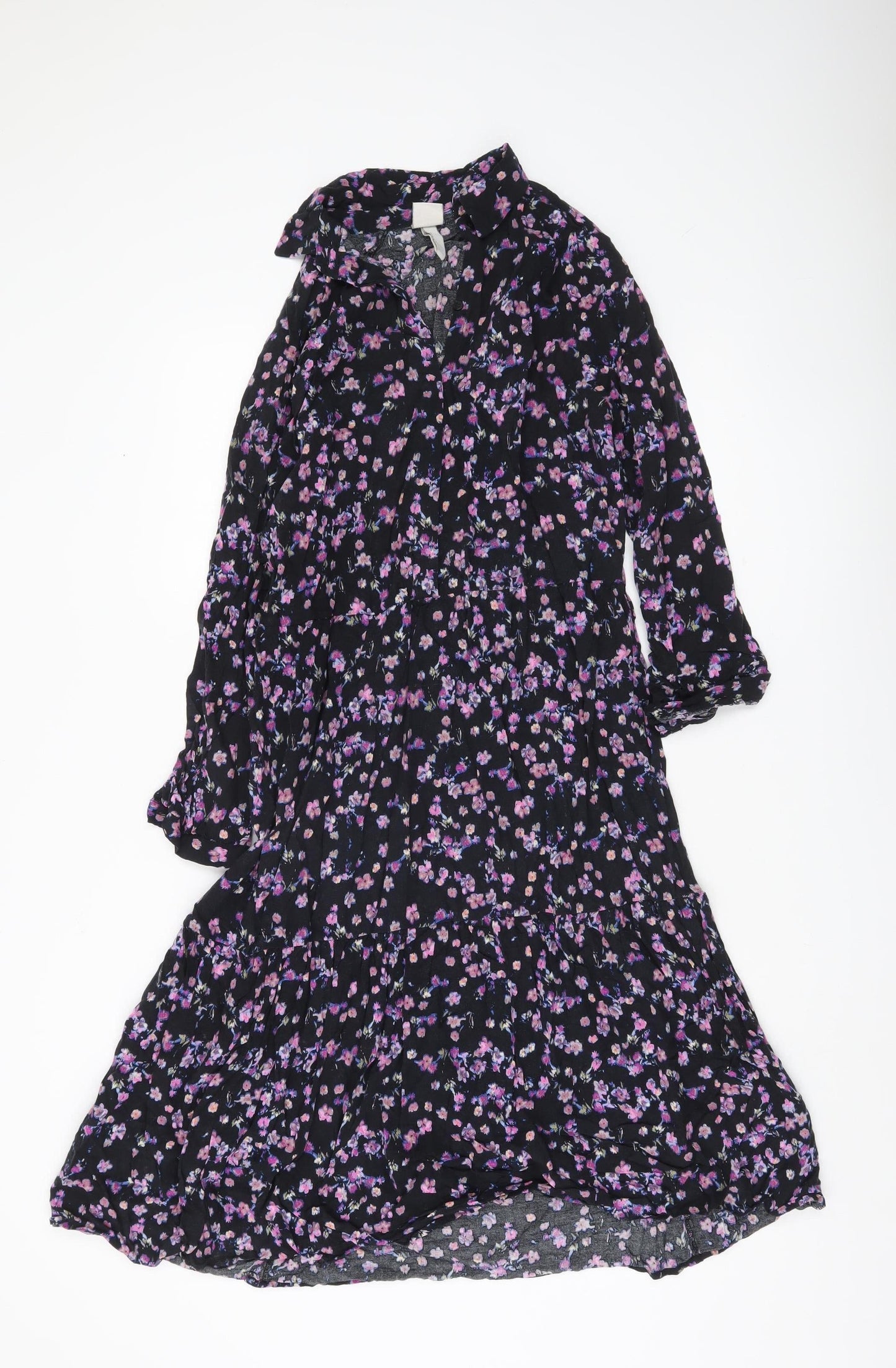 H&M Women’s Black Floral Collared Long Sleeve Shirt Dress Size 8