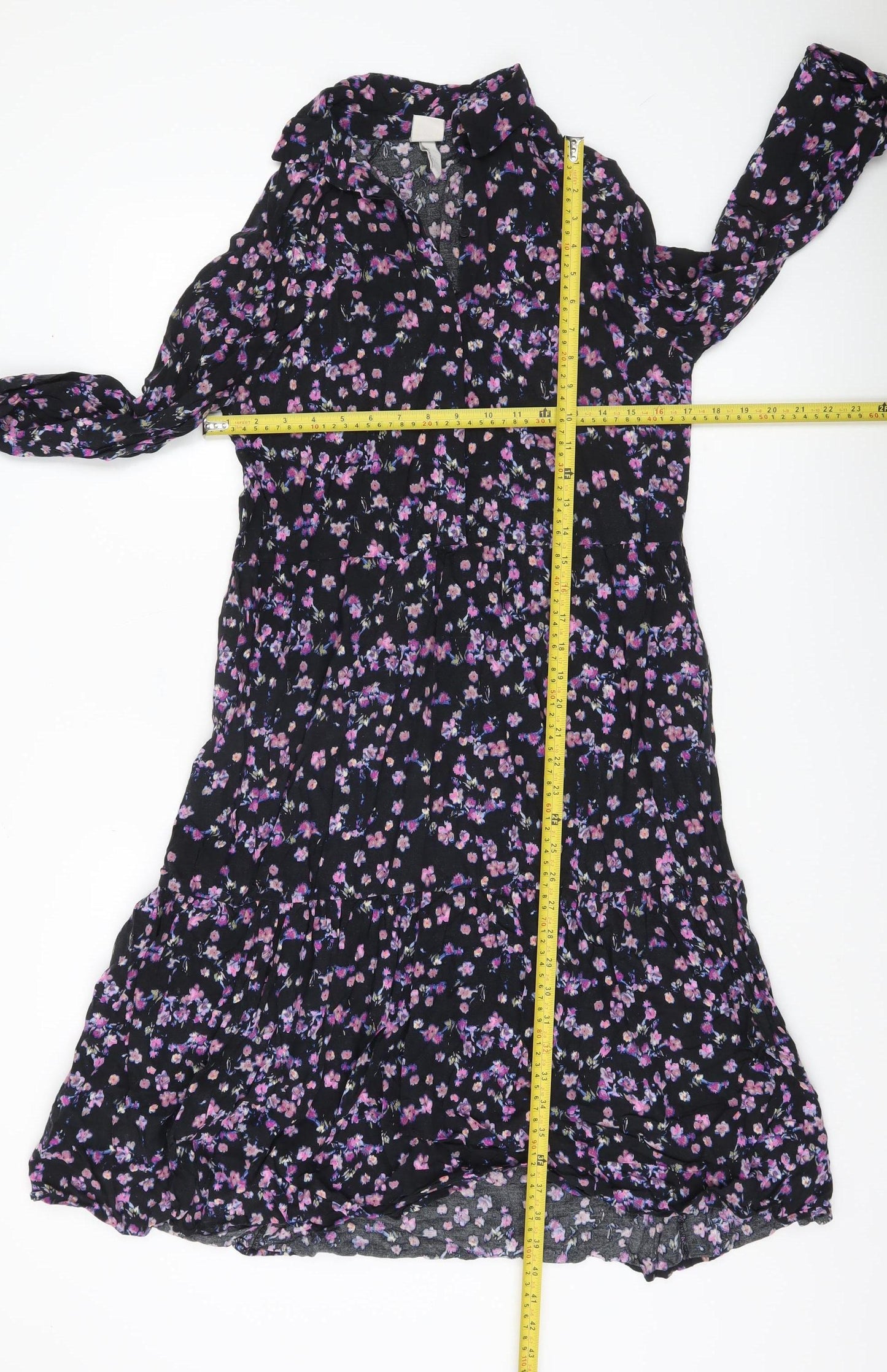 H&M Women’s Black Floral Collared Long Sleeve Shirt Dress Size 8
