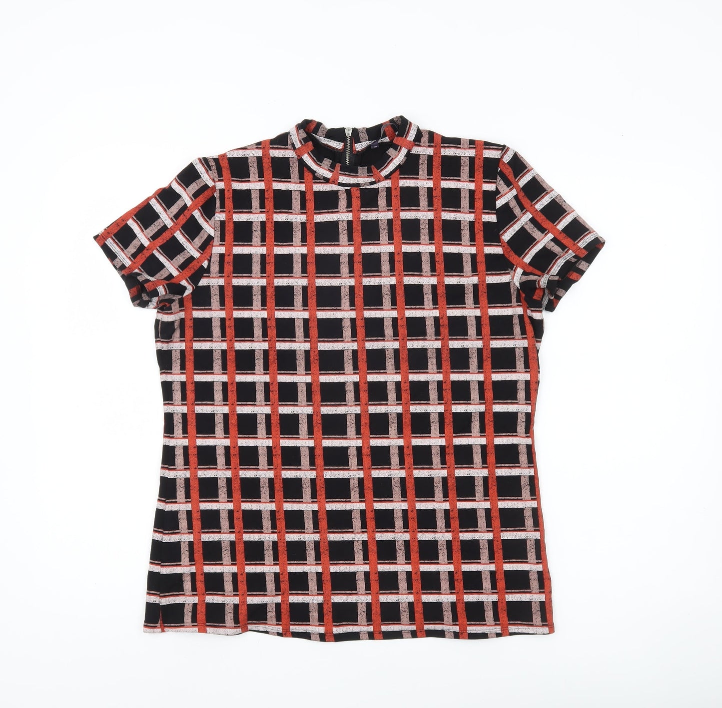 Marks and Spencer Women’s Black Red Check Mock Neck T-Shirt Top Size 12